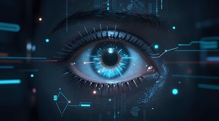 Human eye with abstract digital pattern and glowing blue light streams