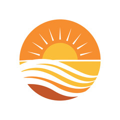Minimal flat logo of a sunrise over rolling fields and water, warm orange sun rays, flowing layered waves,