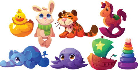 Naklejka premium Playful cartoon animal friends with big shiny eyes set vector