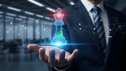 Businessman holding glowing chess king with growth charts for strategic leadership and successful business management planning
