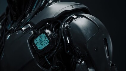 Close-up of a metallic robot torso with internal wiring, illuminated screen, detailed structure