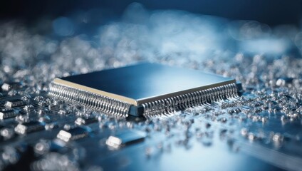 Close-up of a microchip, showcasing intricate components and shimmering surface