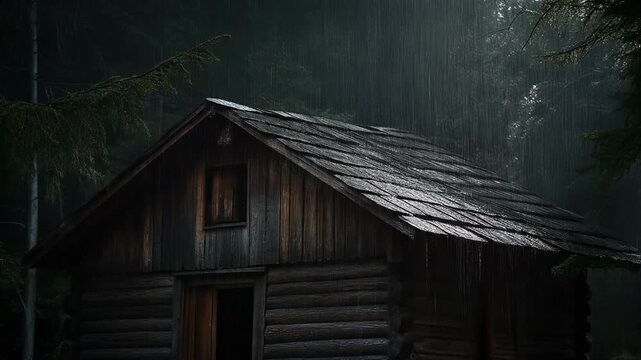 Rustic wooden cabin in a dark forest during rain