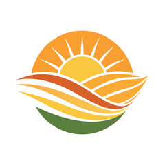 Minimal flat logo of a sunrise over rolling fields and water, warm orange sun rays, flowing layered waves,