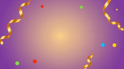 Festive purple background with golden ribbons and confetti