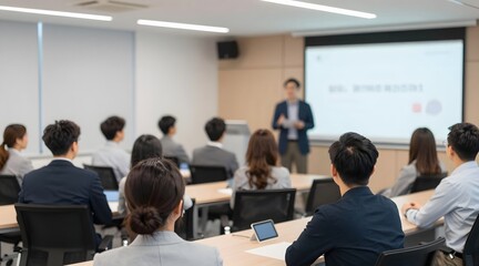Audience listens attentively to a speaker in a corporate training event