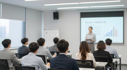 People attending a conference listening to a presentation on a screen in a white room