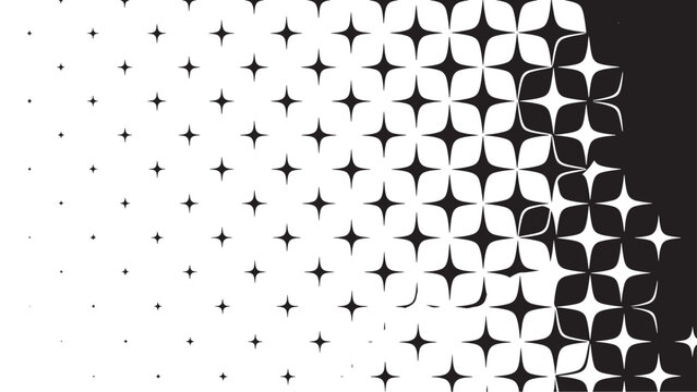 Monochrome geometric pattern of repeated four-point starburst icons fading from white to black on a clean vector background for modern design projects