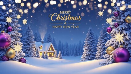 Merry christmas and happy new year greeting in winter landscape