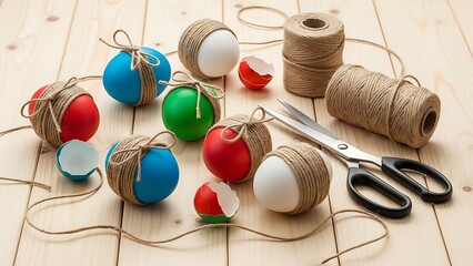 Creating christmas ornaments with twine and easter eggs