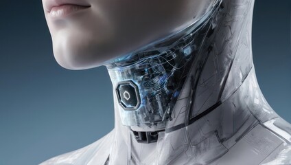 Close-up of a robotic head and neck, showcasing intricate internal glowing structures
