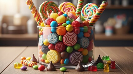 Colorful assortment of candies in a glass jar Candy