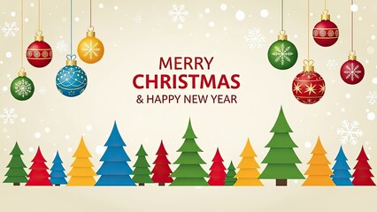 Merry christmas and happy new year greeting with christmas tree and bauble