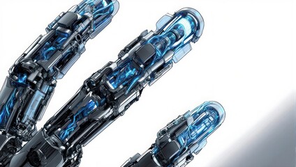 Close-up of a robotic hand, fingers extended, showcasing internal blue illuminated components