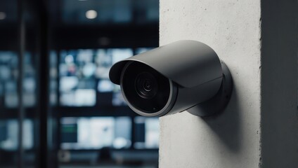 Close-up of a security camera mounted on a concrete wall, blurred control room in background