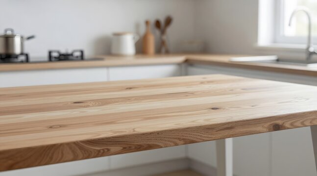 Close up shot of light wooden table in bright kitchen