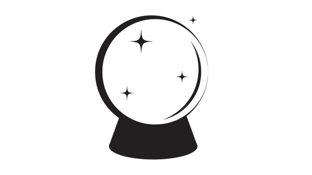 Front view of a black silhouette snow globe on a pedestal, with sparkling stars inside, minimalist vector illustration in bold solid shapes