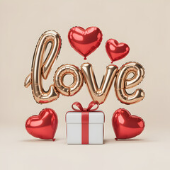 "Gold LOVE Balloon Letters with Red Heart Balloons and Wrapped Gift Box &mdash; Festive Valentine Party Balloon Display"