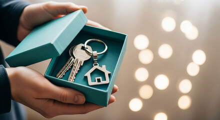 Hands holding blue gift box with key and house keychain, representing property ownership, real estate or new beginning, with blurred light background