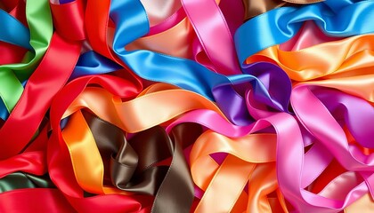 Assortment of colorful satin ribbons, various widths and textures,  decorative ribbon,  silk ribbon