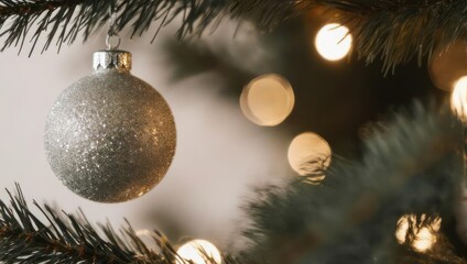 Close-up of a silver Christmas ornament hanging on a fir branch, with blurred bokeh lights