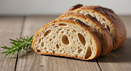 Slices of crusty, porous bread on a wooden surface, with a sprig of rosemary, represent freshness, homemade baking, and artisanal food preparation