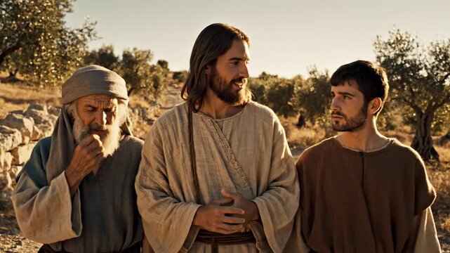 resurrection video: AI genereted video of Biblical scene of Jesus Christ walking and talking with two disciples on the road to Emmaus after Resurrection