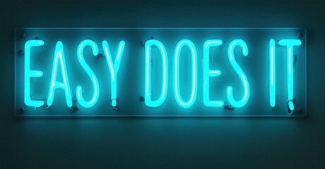 Bright neon sign displays text EASY DOES IT. Dark background emphasizes glowing blue illumination. Simple, direct message.