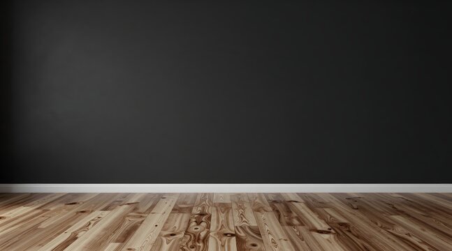 Dark painted wall with natural wood floor and white trim creates modern look