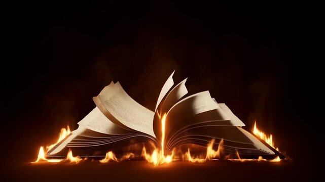 Open book engulfed in flames with flickering pages and rising fire animation