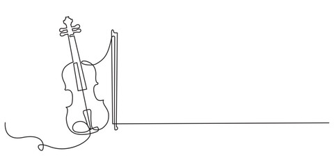 Violin continuous one line drawing, continuous one line drawing. Classic violin music instrument single line art illustration, for orchestra and concert banner in simple linear style. Editable stroke. © Shovo