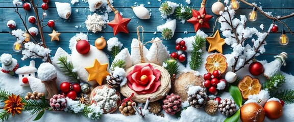 A whimsical winter scene featuring a festive, non-traditional arrangement of natural elements,  forest,  yule