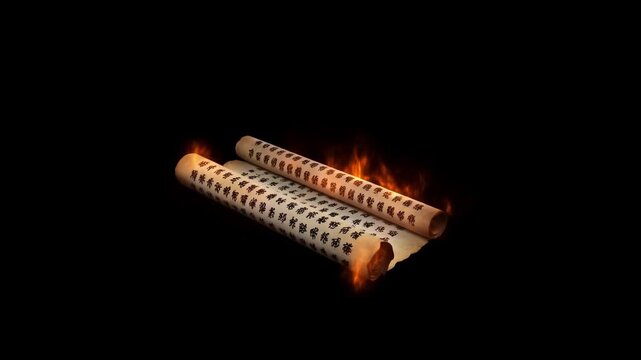 Burning scroll reveals cryptic message as flames consume edges in dramatic unveiling