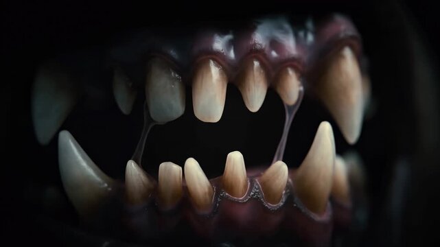 Dramatic transformation of fierce creature's sharp teeth in darkness