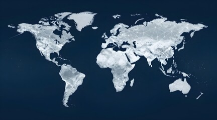 Naklejka premium Abstract world map with connected dots on a dark blue background for presentations
