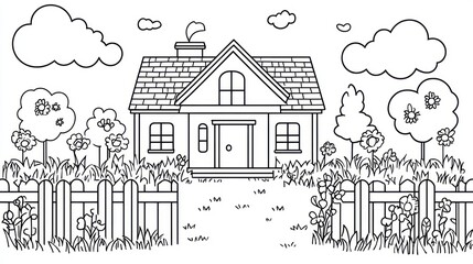 Fototapeta premium Illustration of house in a garden with fence, clouds, and flowers in background. Perfect for coloring pages