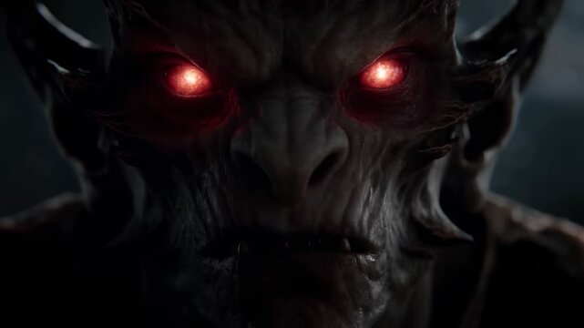 Intense closeup of a mysterious creature with glowing eyes in dark atmosphere