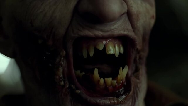 Intense closeup of a zombie growling in darkness