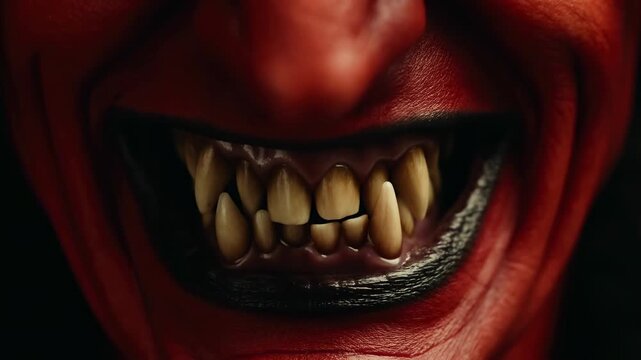 Dramatic transformation: closeup of grinning face with sharp teeth revealing a sinister expression