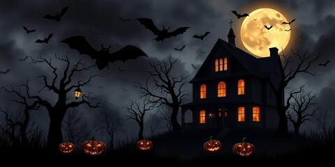 Classic Halloween scene featuring dark, recognizable shapes of bats, pumpkins, spooky trees, and a haunted house against an ominous moonlit sky,  seasonal,  spider