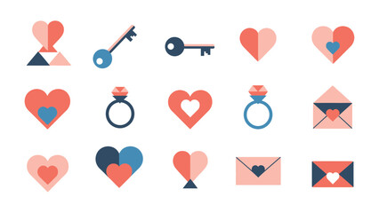 Symbolic Icons of Affection: A set of love-themed icons representing various symbols of love, commitment, and romance, set against a pristine backdrop, perfect for conveying emotions.