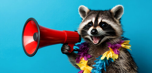 funny raccoon holding a red megaphone and wearing colorful hawaiian leis on a blue background ,Promotion, action, holiday, ad, job questions. Vacancy. Business discount concept, communication, informa