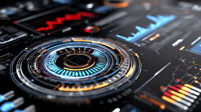 Futuristic digital interface displaying various data metrics, showcasing advanced technology and analytics in a sleek design. Perfect for tech-related projects and presentations.