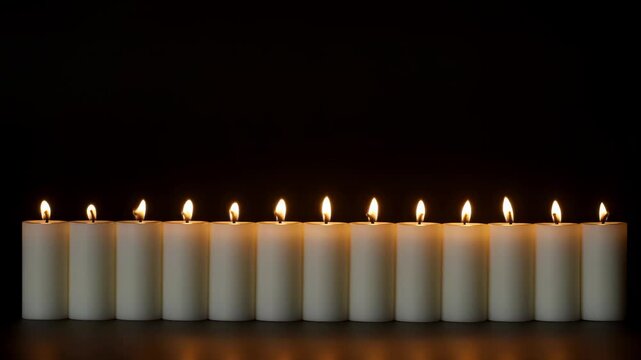Flickering candlelight on aligned candles against dark background