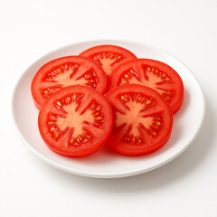 Fresh ripe tomatoes on a white plate include sliced organic vegetables and a juicy half cut for a healthy salad ingredient