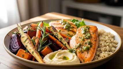 Healthy Gourmet Breakfast Spread with Salmon, Pancakes, and Fresh Fruits