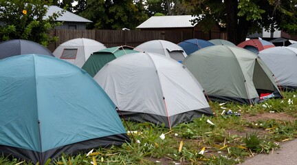 Campground shows rows of colorful tents erected in grassy field near wooded fence line