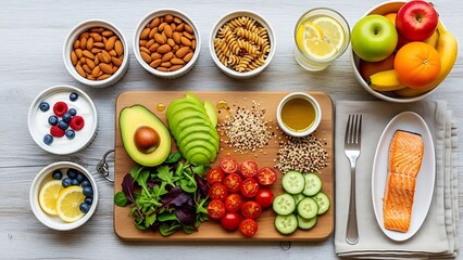 Healthy Gourmet Breakfast Spread with Salmon, Pancakes, and Fresh Fruits