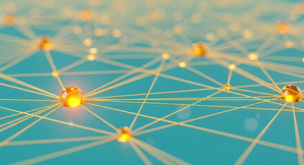 Abstract network on a teal background. Orange sphere at connection points, with interconnected lines, symbolizing communication and modern technology