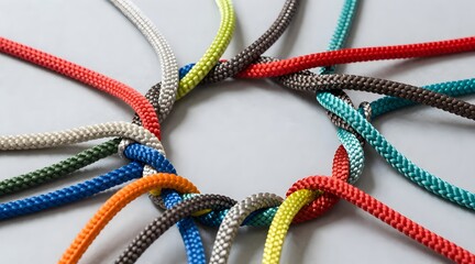 Colorful ropes are twisted together to form a circle on a grey surface